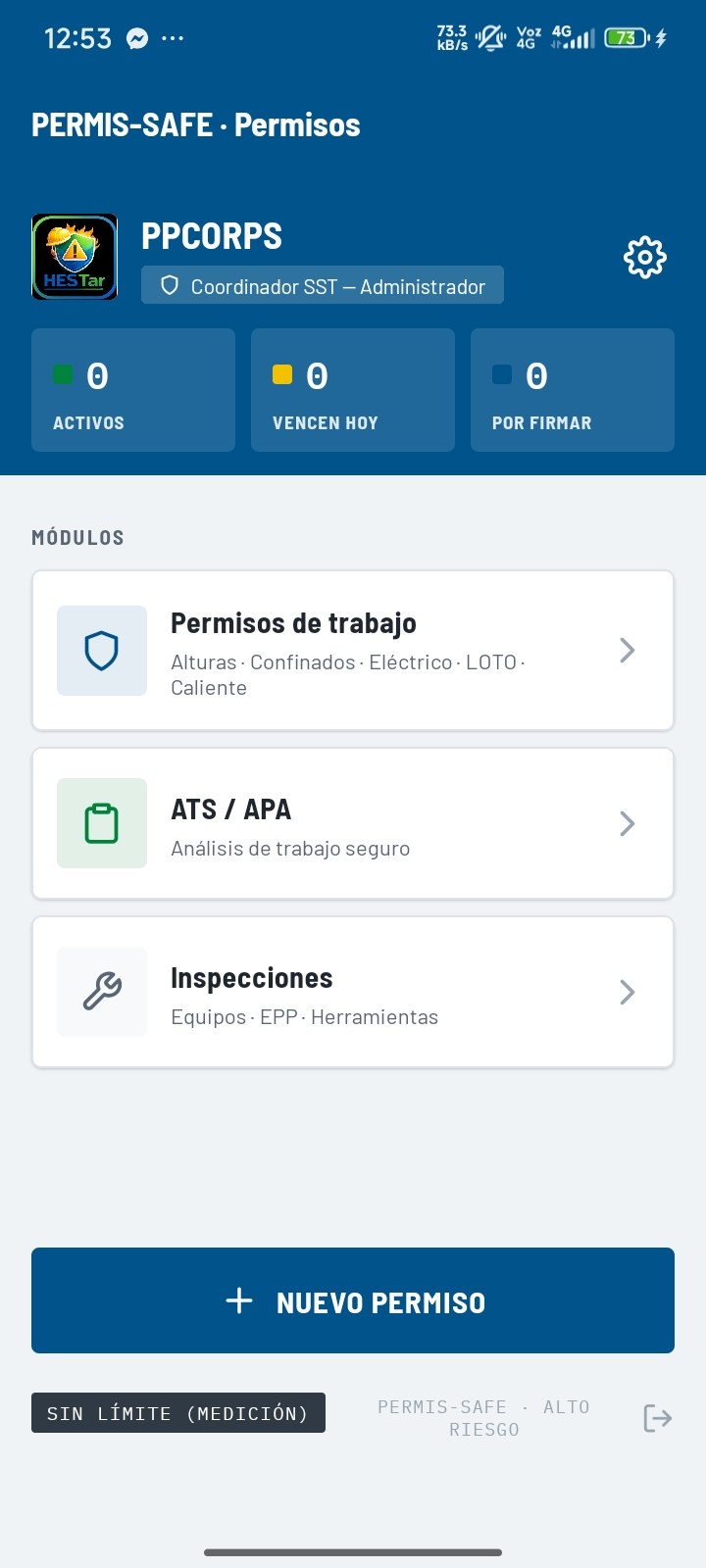 Pantalla real de PERMIS-SAFE con sus módulos de permisos de trabajo, ATS e inspecciones